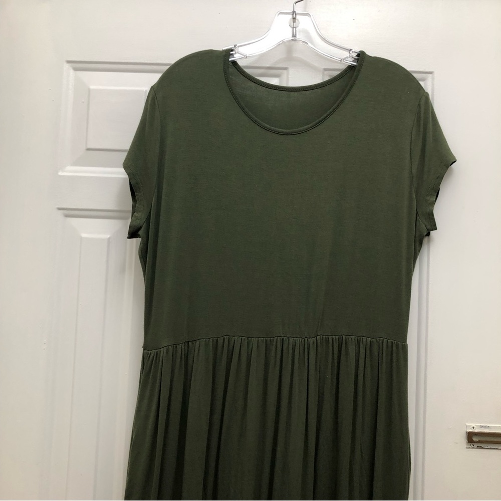 Maxi Dress Cap Sleeve Crew Neck with Elastic Waistline W Size 2XL Moss Green - Picture 6 of 11